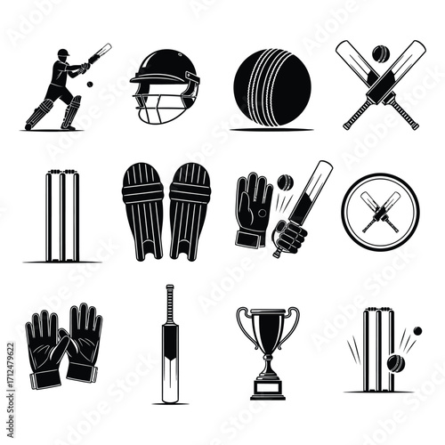 Comprehensive collection of monochrome cricket sport icons featuring player silhouettes and game equipment