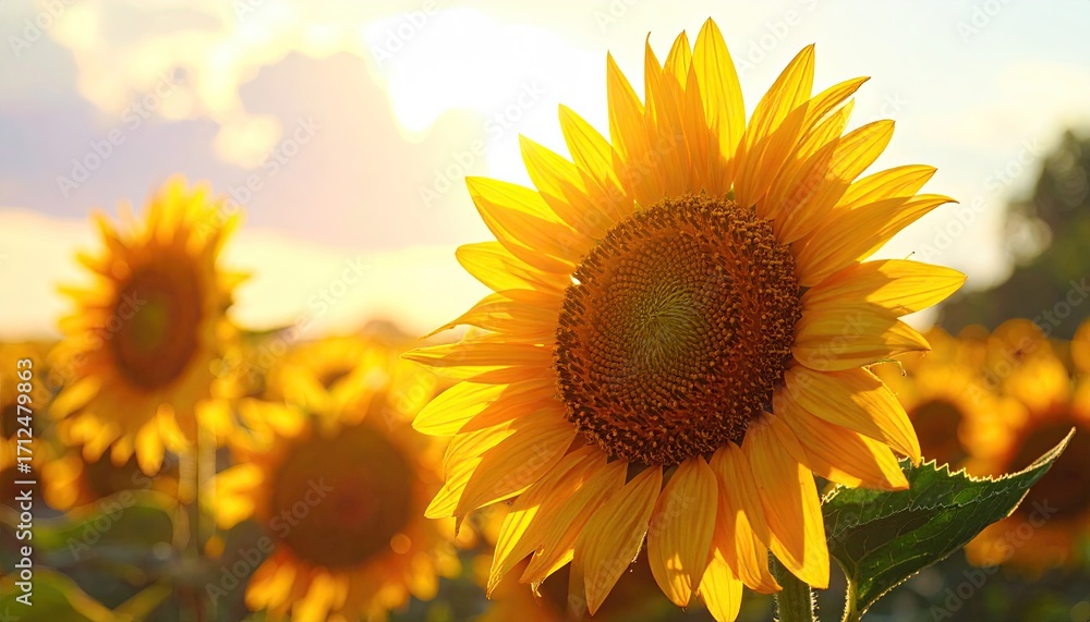 Obraz premium Lush Sunflower Field Radiating Warm Sunlight at Golden Hour with Blue Sky and Clouds Agriculture Scenery Nature Beauty