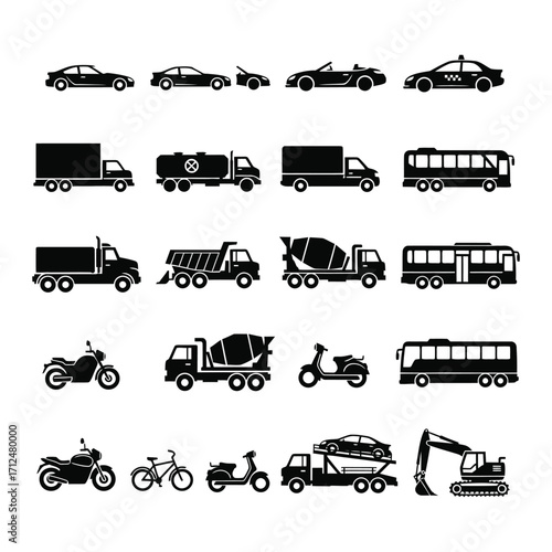 A comprehensive collection of various transportation vehicles as modern black silhouette icons for diverse uses.
