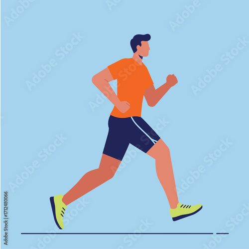 Vector art of man running in orange tshirt and blue shorts, healthy lifestyle and fitness concept