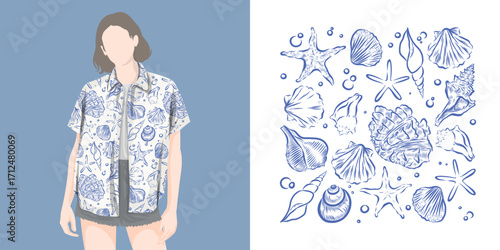 Seamless pattern of sea shell and star fish.