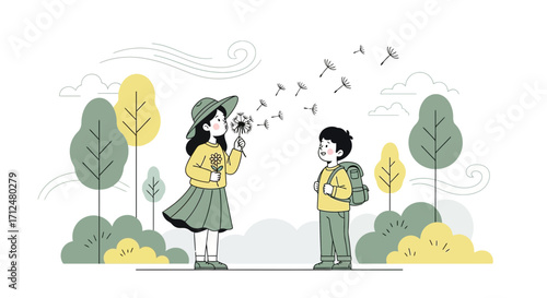 Children Blowing Dandelion Seeds Illustration: A Moment of Joyful Connection Outdoors