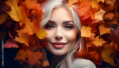 Abstract Surreal young woman portrait surrounded by autumn leaves on digital art concept, Generative AI.
