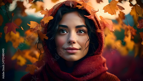 Abstract Surreal young woman portrait surrounded by autumn leaves on digital art concept, Generative AI.