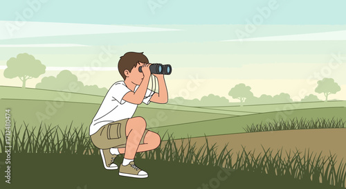 Boy Observing Nature Scene With Binoculars Amidst The Rolling Fields