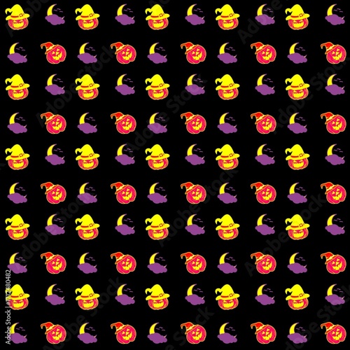 Seamless pattern featuring Halloween motifs on a black background. The design includes yellow jack-o'-lanterns wearing witch hats, red pumpkins with a crescent moon