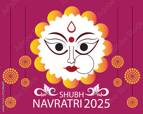 Shubh Navratri 2025 Goddess Durga Face Art. Colorful illustration of Goddess Durga face with decorative patterns and Shubh Navratri 2025 text, ideal for festival greetings and celebration EPS 10/AI. 