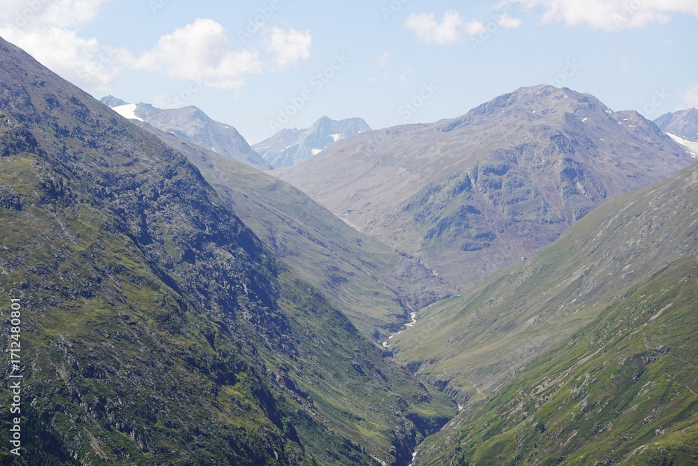 Naklejka premium The view of the end of Oetztal valley, from Breslauer Huette, the Austrian Alps 