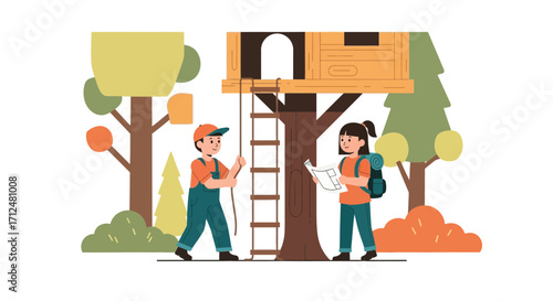 Children Building A Treehouse, Having Fun, Outdoor Activities, Wood Structure