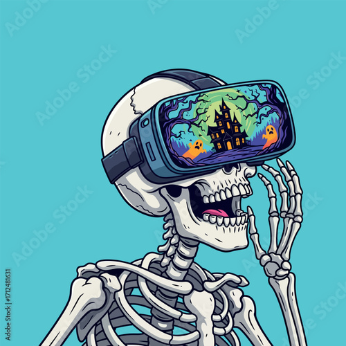 A skeleton wearing a VR headset, experiencing a virtual haunted house vector