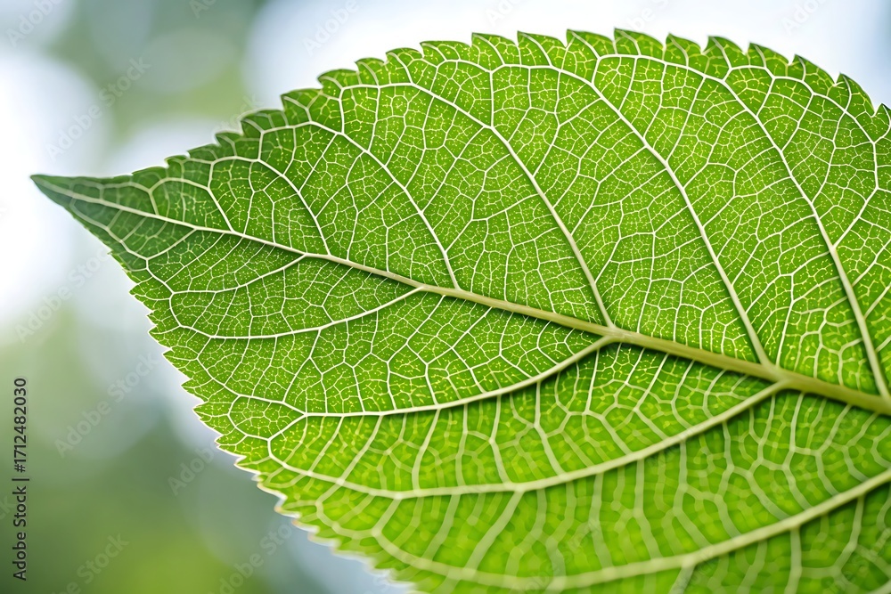 Fototapeta premium A vibrant close up of a single fresh green leaf with detailed veins
