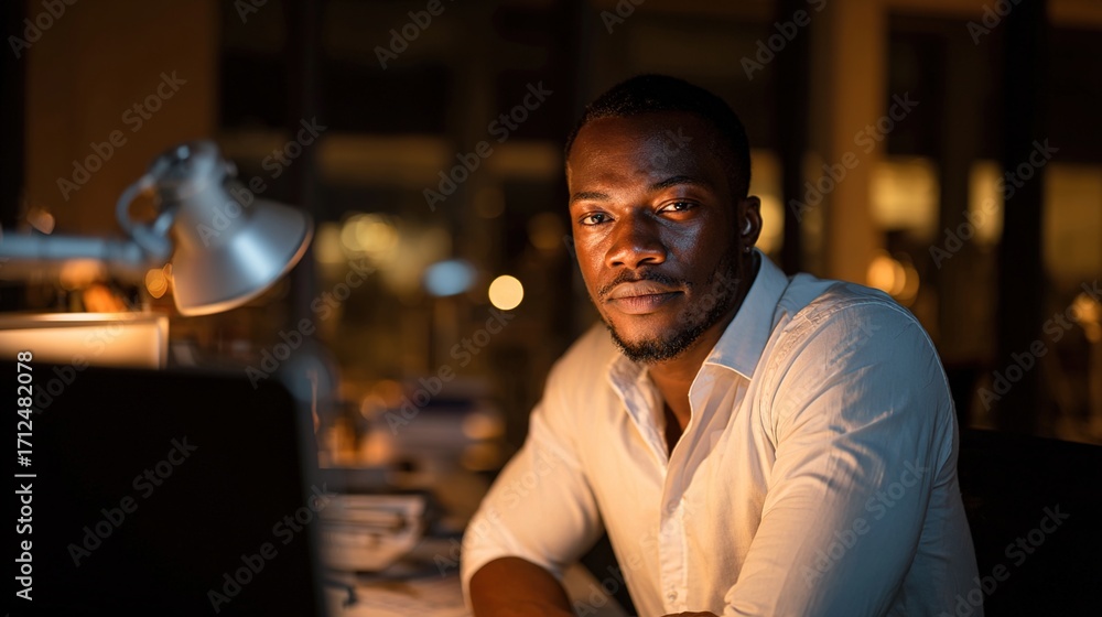 Obraz premium african. A focused African businessperson working late in a modern office illuminated by a desk lamp. pitch deck slides, case study pages, designed for brand storytelling and e-commerce strategy.