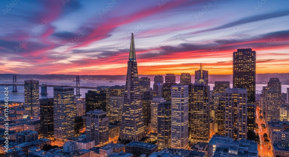 Obraz premium Golden Gate Bridge and Cityscape at Sunset