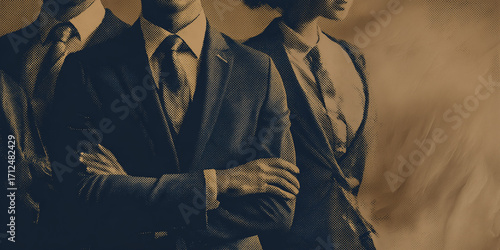 Male and female attorneys on a halftone modern abstract background. Law firm, lawyer, legal graphic for personal injury, medical malpractice or defense law firm website. Arms crossed - determined 