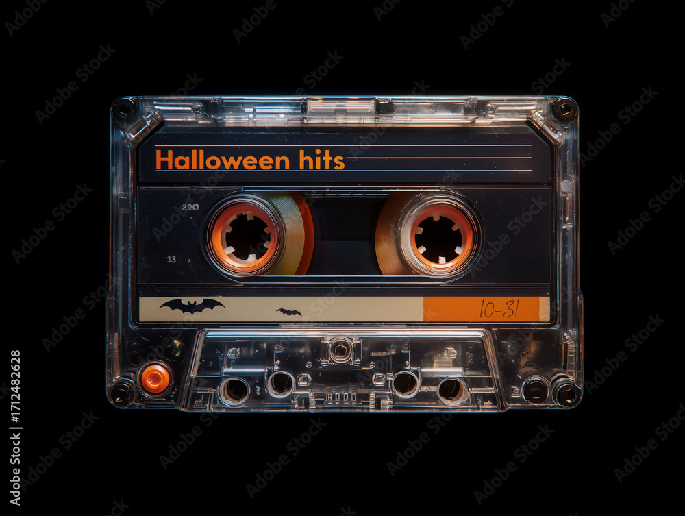 Fototapeta premium A vintage casette tape labeled Halloween Hits - october music concept, halloween DJ or soundtrack - spooky music theme background. Throwback 1980's tape. Party mixtape background.