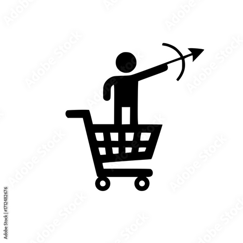 Vector art of child archer in retail cart symbolizing focus aim and consumer decision making