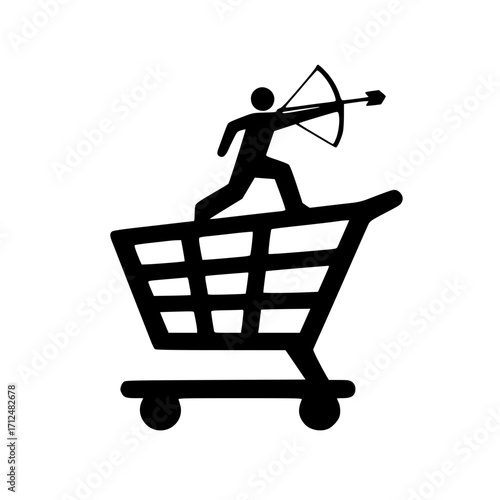 Concept of little archer inside shopping cart showing accuracy and smart shopping metaphor