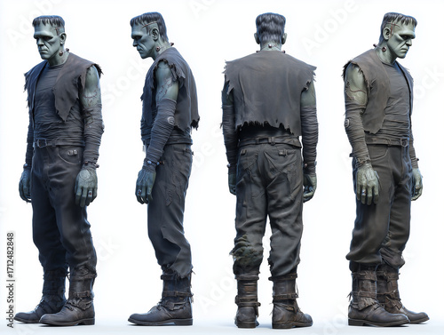 Frankenstein Multiple angles, full body; 4k detail, four views of the monster - front, back, left side and 3/4 angle isolated on white - grayscale, detailed halloween character design, 3d. 