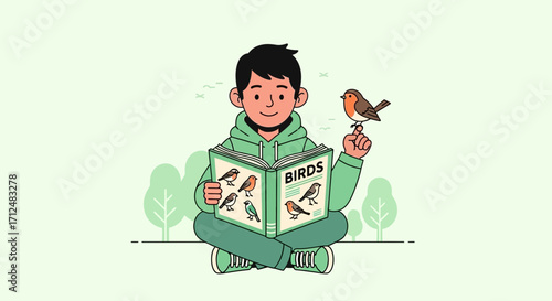 Boy Reading Book About Birds With A Bird Perched On His Finger Enjoying Nature Outdoors
