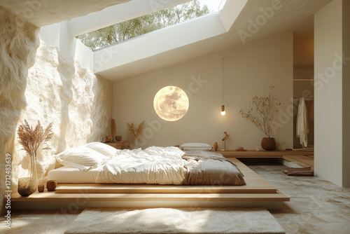 Large bed beneath a skylight in a bedroom.