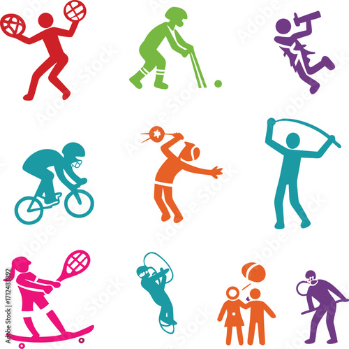 Collection of Colorful Sports Pictograms Featuring Athletes Engaged in Various Activities Keywords: sports, pictogram, icon, athlete, activity, competition, game, exercise, fitness, recreation