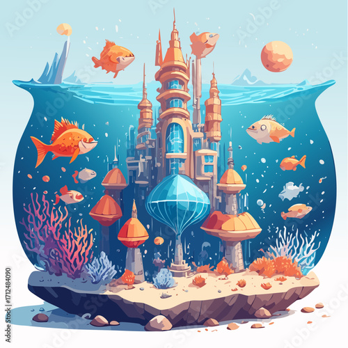 Submerged fantasy castle in a giant fishbowl, surrounded by colorful fish and coral.