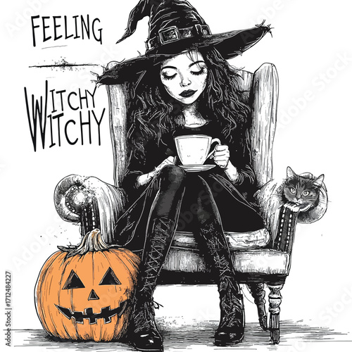 Halloween Witch Drinking Tea Artwork.