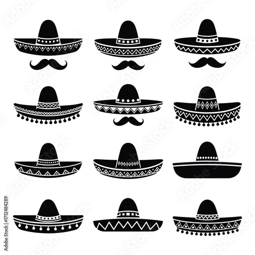 A diverse collection of black silhouette sombrero hats with mustaches, traditional Mexican icons.