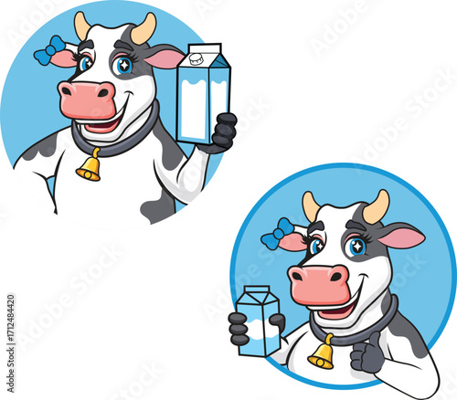 Cute cartoon cow holding milk carton and giving a thumbs up, friendly farm animal illustration