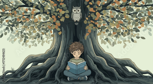 Boy Reading Underneath a Giant Tree with an Owl, a Serene And Calming Illustration