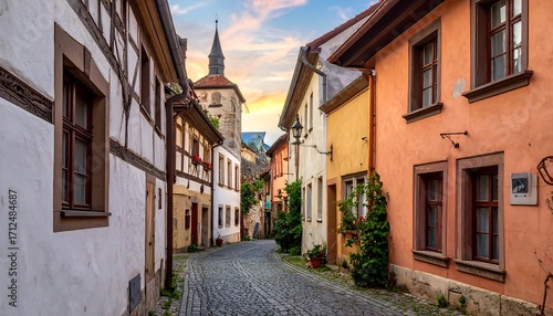 Quaint European alleyway at sunset