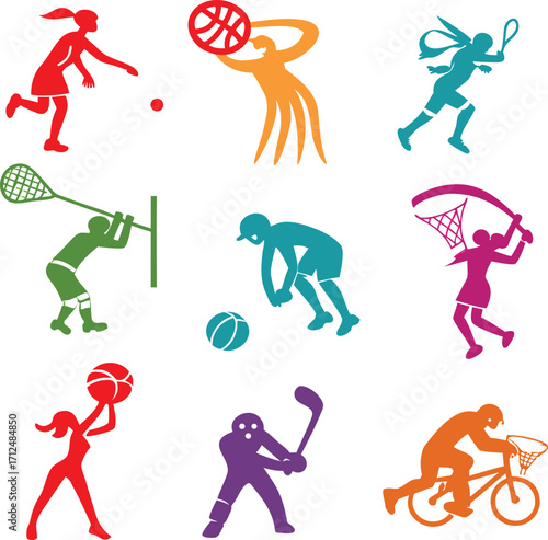 Ensemble of Nine Energetic Sports Pictograms Depicting Various Athletic Activities on White Background