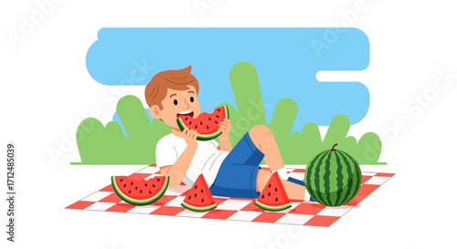 Boy Relaxes And Devours A Juicy Watermelon On A Sunny Picnic Blanket