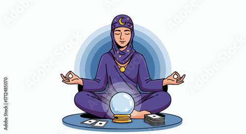 Fortune Teller in Meditation with Crystal Ball and Cards.