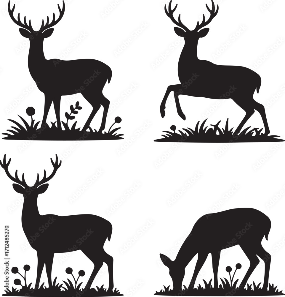 Naklejka premium Deer in the grass silhouette vector on white background