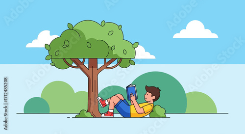 Boy Relaxing Under Tree Reading Book on Sunny Day, Enjoying Calmness and Education