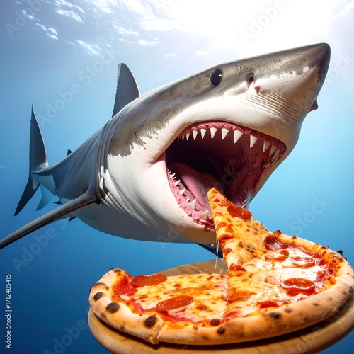Shark eating pizza underwater