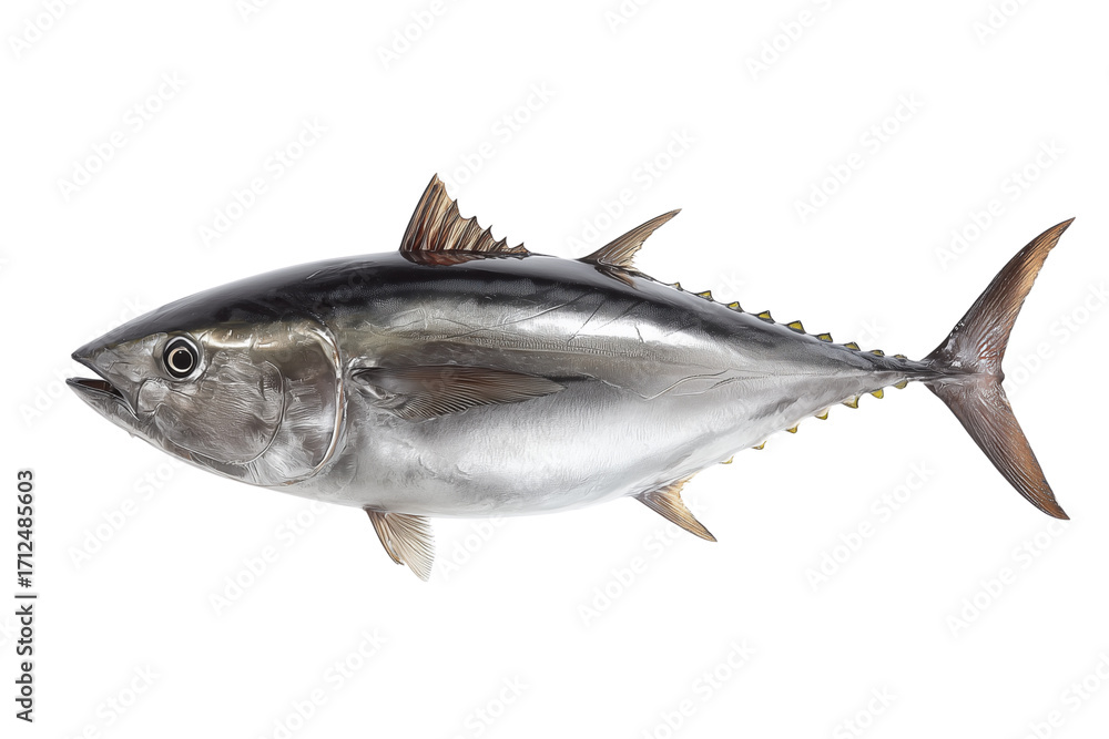 Fototapeta premium Silver Tuna Fish with Dark Fins and Tail on a White Background isolated on a transparent background seafood