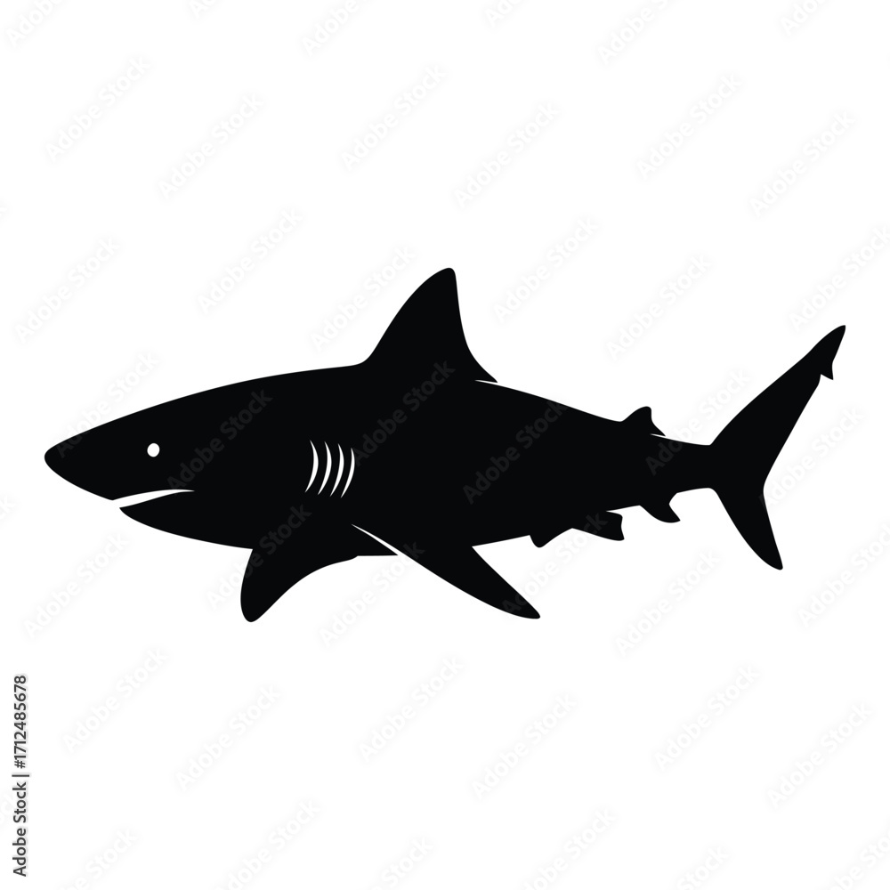 Naklejka premium Silhouette of a menacing shark in full profile facing left creating a powerful marine predator image silhouette