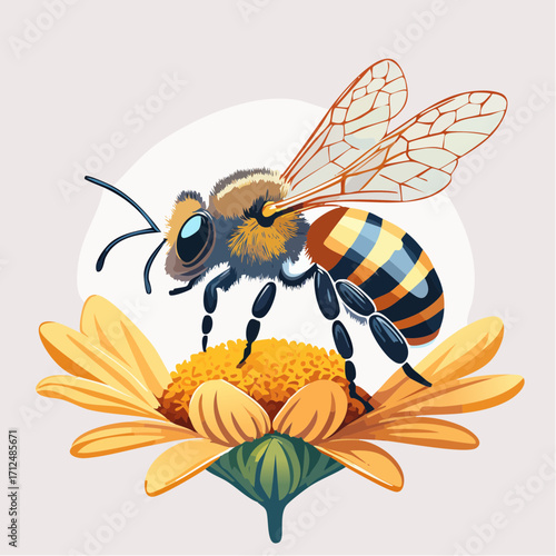 A detailed illustration of a fuzzy bee with striped body and transparent wings, resting on a vibrant yellow flower with a textured center.