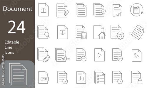 Document Editable Line Icons Set. folder, certificate, accept, approved, clipboard, invoice, and more. Pictograms and infographics, business related icons. Vector illustration
