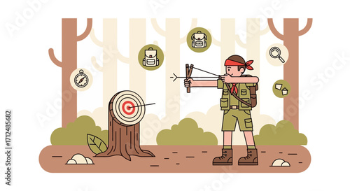 Boy Scout Aiming Slingshot At Target With Compass and Backpacks: Achieving Accuracy