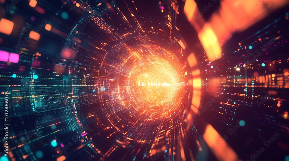 Obraz premium Futuristic Orange and Teal Digital Tunnel with Glowing Particles vortex photo