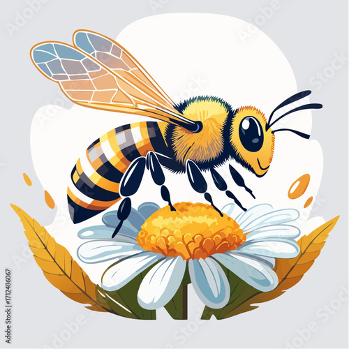Cartoon bee on a daisy flower with yellow leaves and a white background.