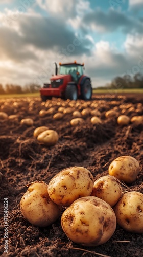 Freshly Harvested Potatoes in a Field with a Tractor in the photo Background agriculture