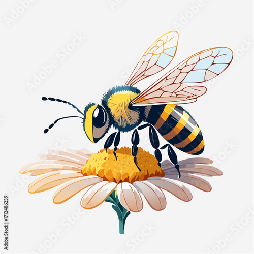 A detailed illustration of a honeybee on a daisy flower, showcasing vibrant colors and intricate details.