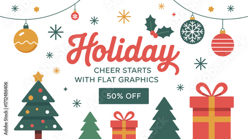 Festive holiday sale banner with Christmas trees, ornaments, and a 50% off discount.