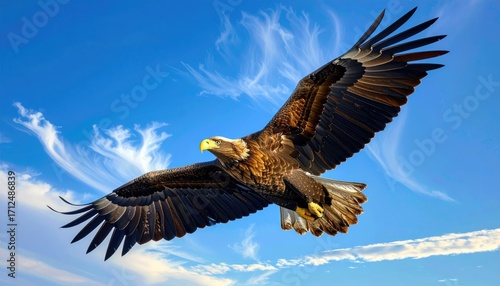 Wallpaper Mural Majestic Brown Eagle Soaring in a Clear Blue Sky with Wispy Clouds Dramatic Wide Angle Torontodigital.ca