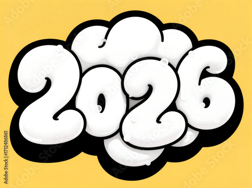 2026 Puffy Bubble Letters in Cloud Style on Yellow Background