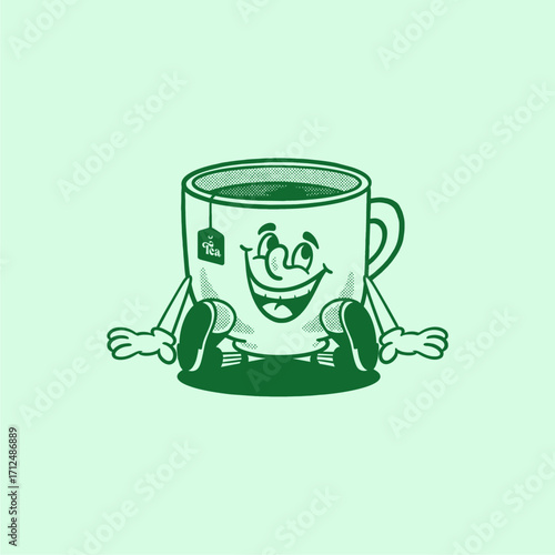 tea cup with tea bag retro cartoon character mascot illustration with happy face for herbal product, plantation, grocery, health food, cafes mascots and merchandise. groovy, vector, editable, icon